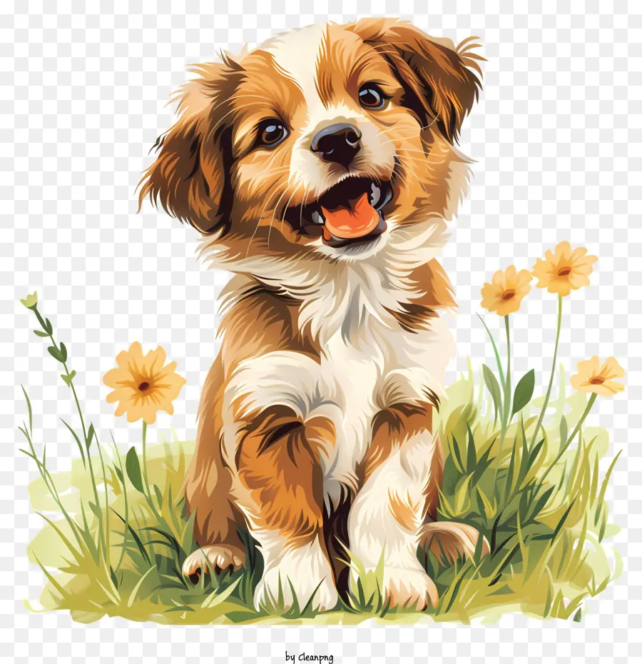 Welpentag Hund gelbe Blumen Feld braun und weiß - Glücklicher Hund im gelben Blumenfeld