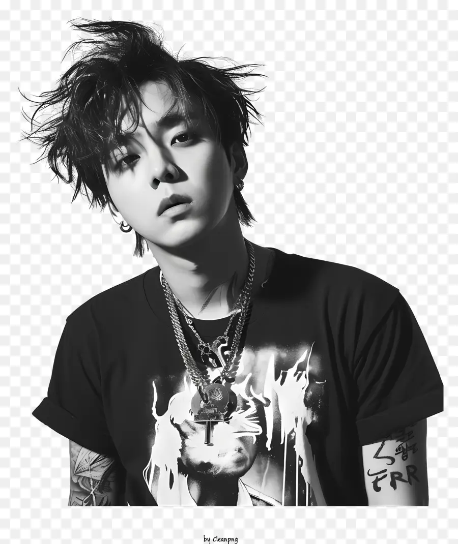 G-Dragon Tattoo Black T-Shirt Dark Hair Master meines Schicksals - Ernsthafter Mann mit Tätowierungen in schwarzer Kleidung