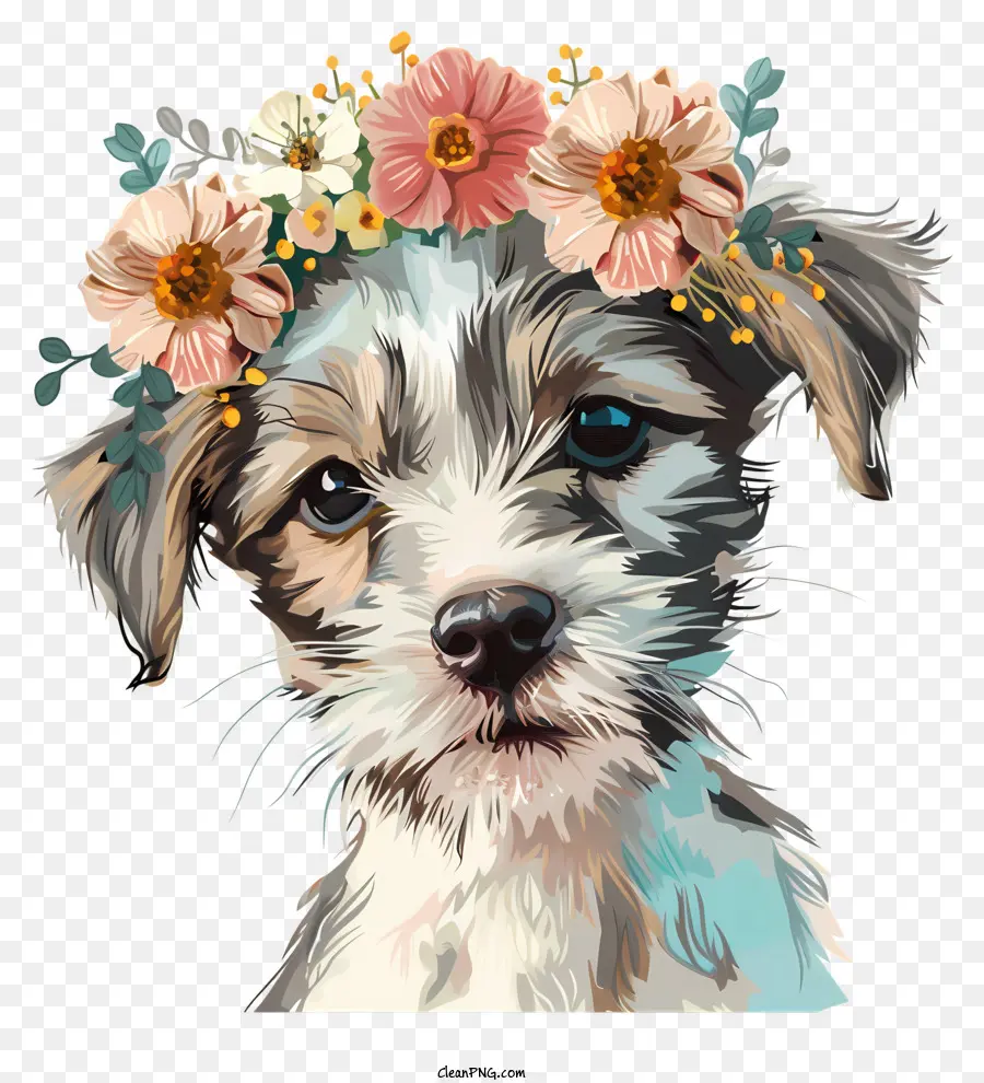 Ngày chó con Puppy Floral Headband Portful Chân dung - Con chó con vui tươi đeo băng đô hoa trên nền đen