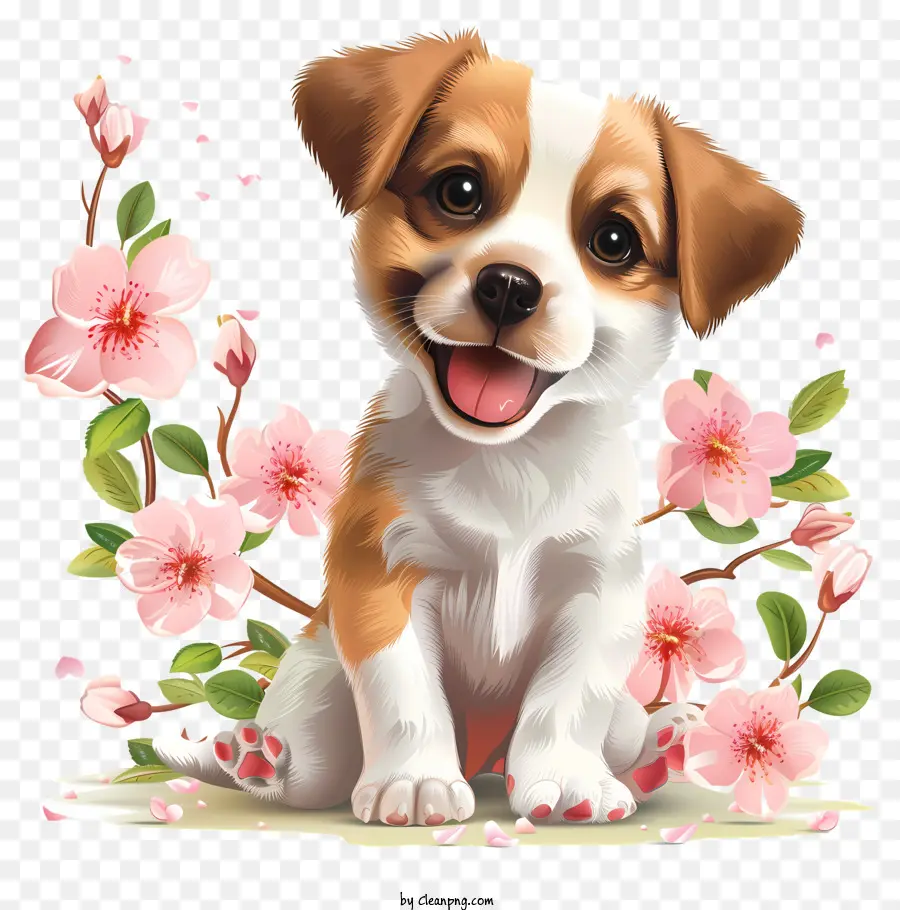 Ngày chó con Puppy anh đào hoa anh đào dễ thương mỉm cười - Con chó con đáng yêu ngồi giữa hoa anh đào