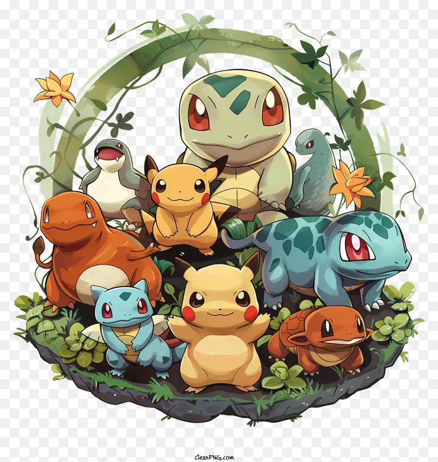 personaggi dei cartoni animati - Gruppo di personaggi colorati di Pokemon del fumetto sulla roccia