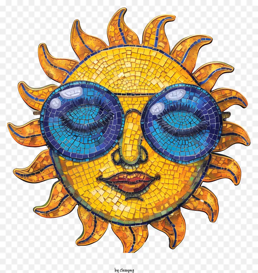 Sonne mit Sonnenbrille Mosaikfrau Gesicht Sonnenbrille lächelt - Lächelnde Frau mit Sonnenbrille in blauem Hintergrund