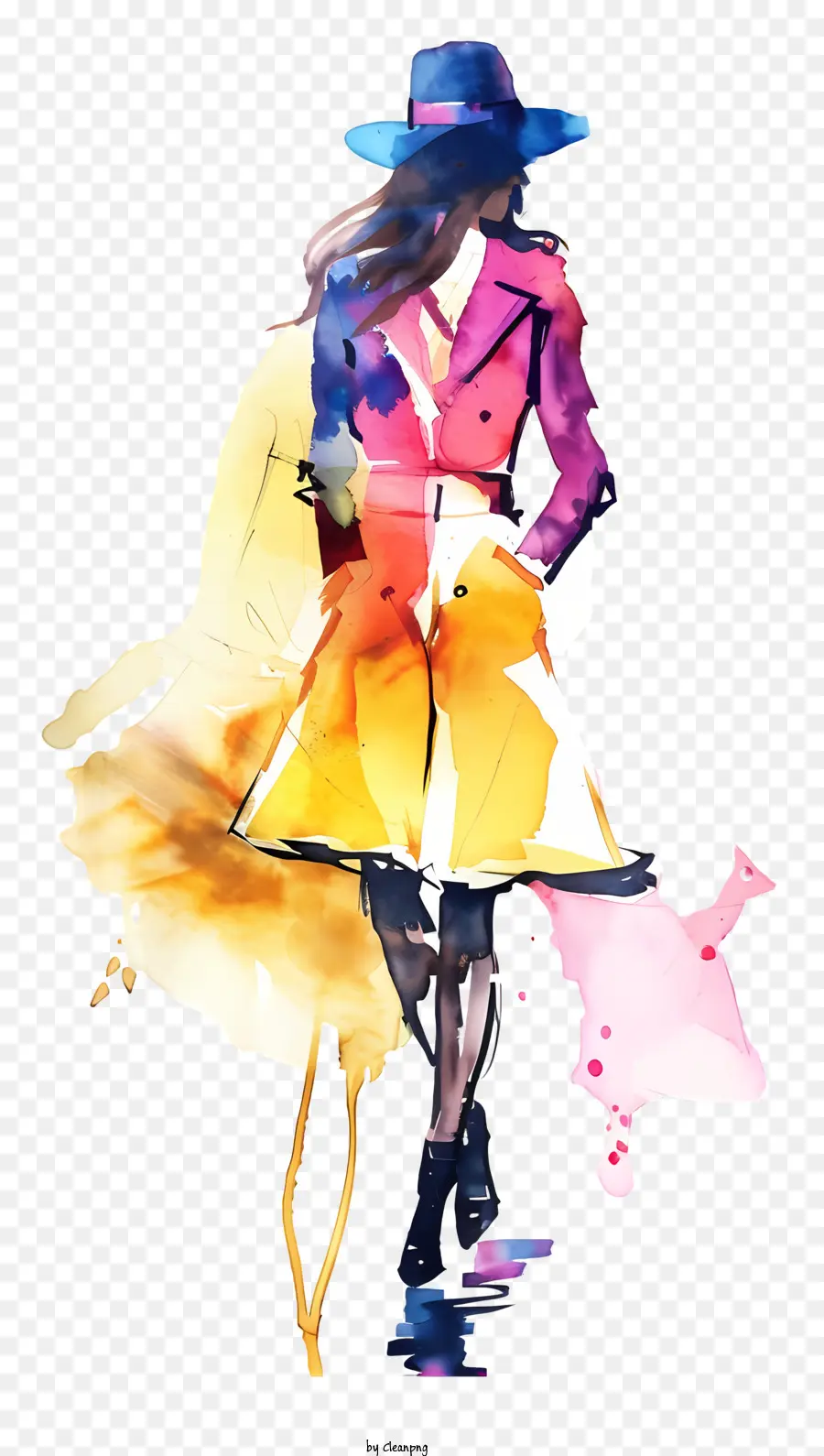 Mode Retro Bunte Mantel Großer Regenschirm Frau Walking Street - Frau im farbenfrohen Mantel und Regenschirm, der glücklich geht