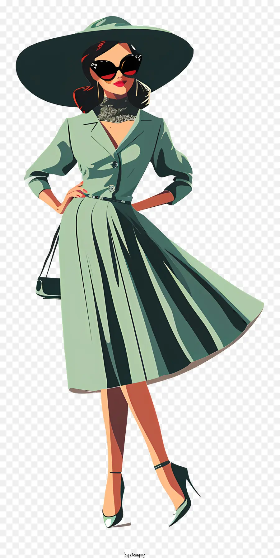 Mode Retro Cartoon Charakter Frau Hutkleid - Monochromer Frau mit Handtasche