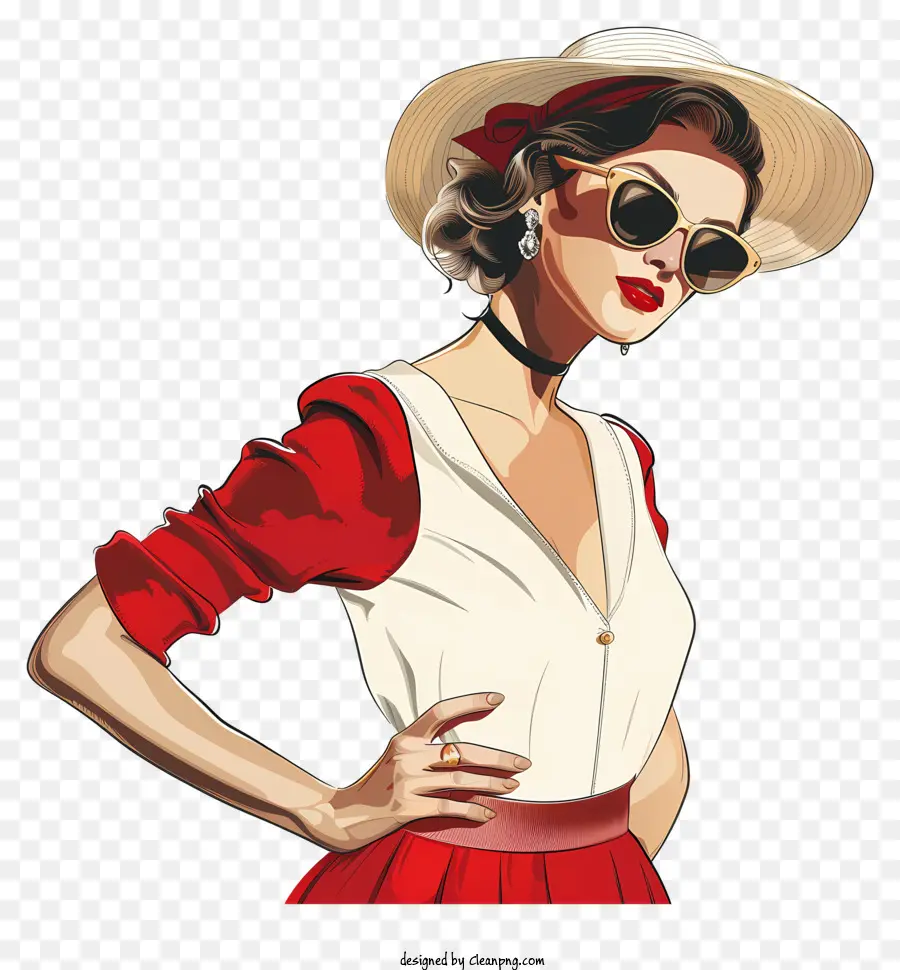 Mode Retro Frau weißes Kleid Red Hat Sonnenbrille - Vintage Style Woman in Red Hat und Sonnenbrille