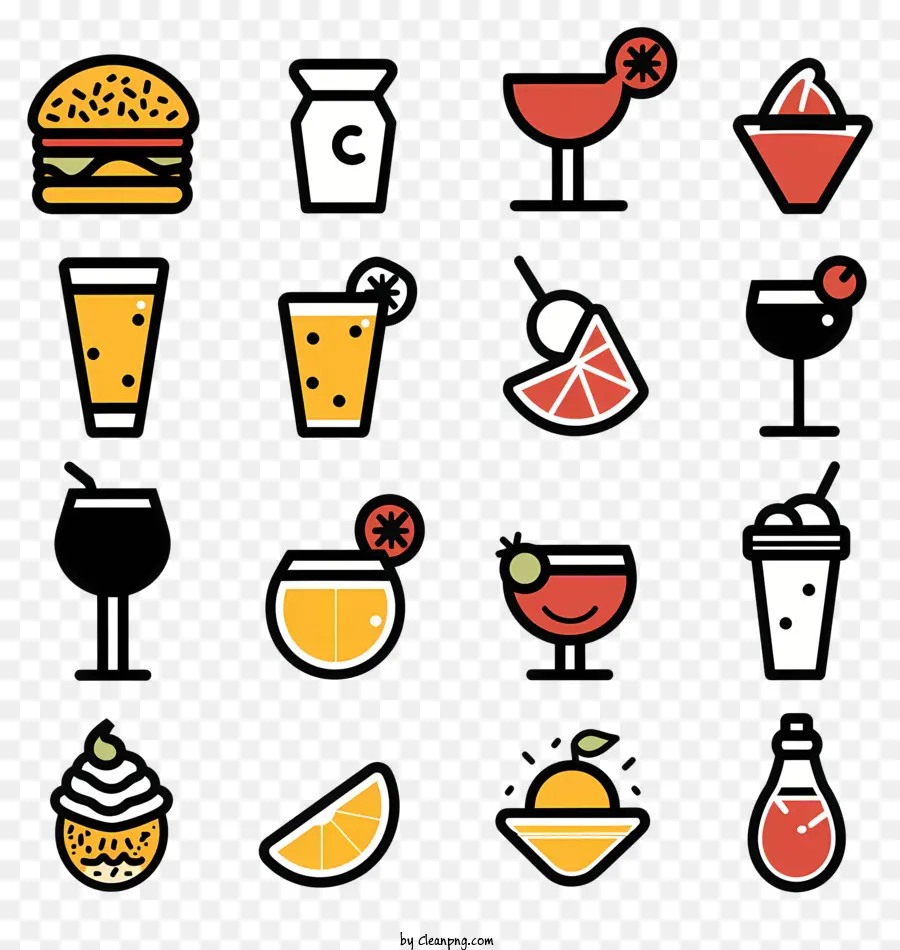 Cocktails Früchte Salate Burgers Sandwiches - Verschiedene Essen und Getränke auf schwarzem Hintergrund