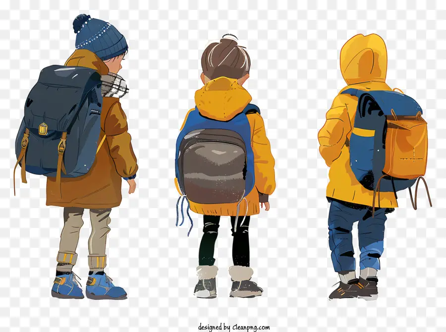 Kids Fashion - Drei Kinder, die mit Rucksäcken gehen, verspielte Stimmung