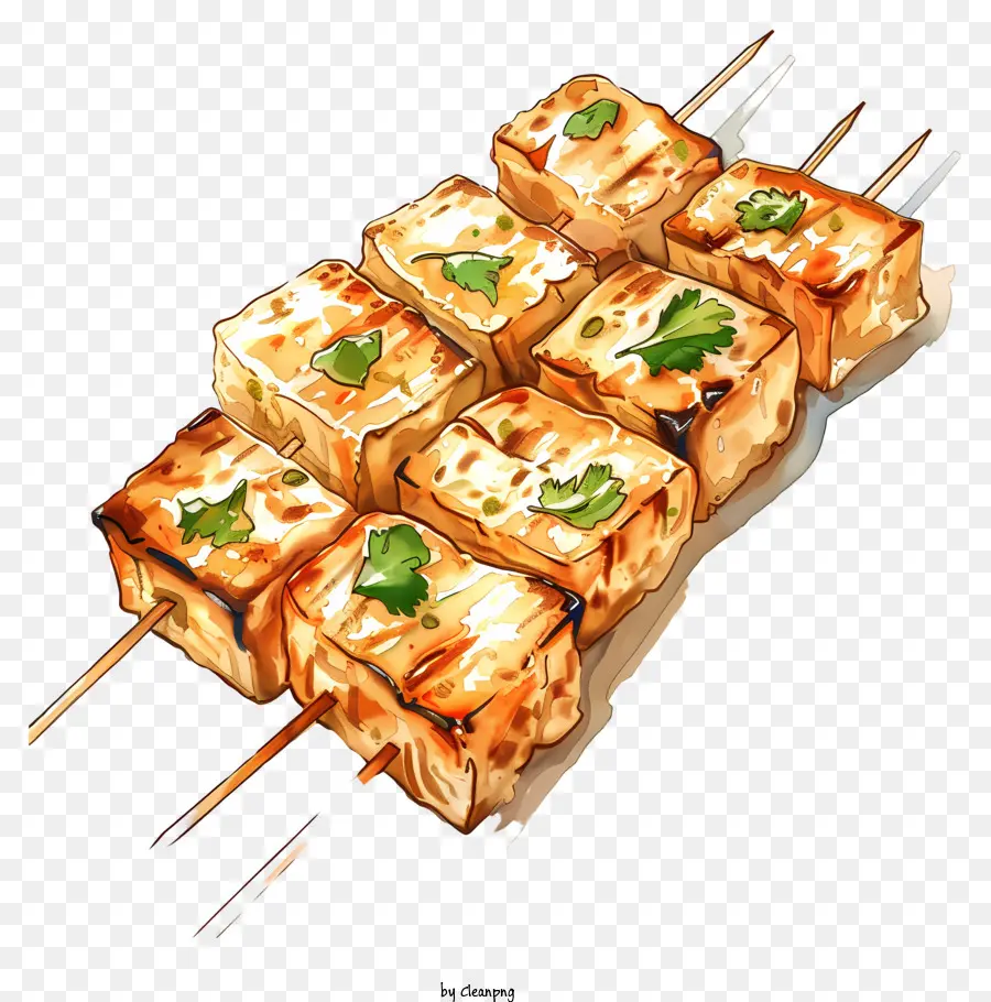 dardo paneer - Spicchi di tofu marinati sul vassoio di legno