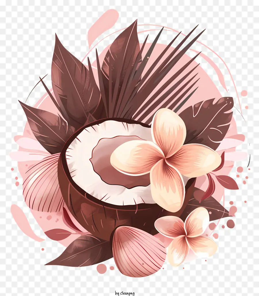 Kokos - Offene Kokosnuss von Blättern und Blumen umgeben