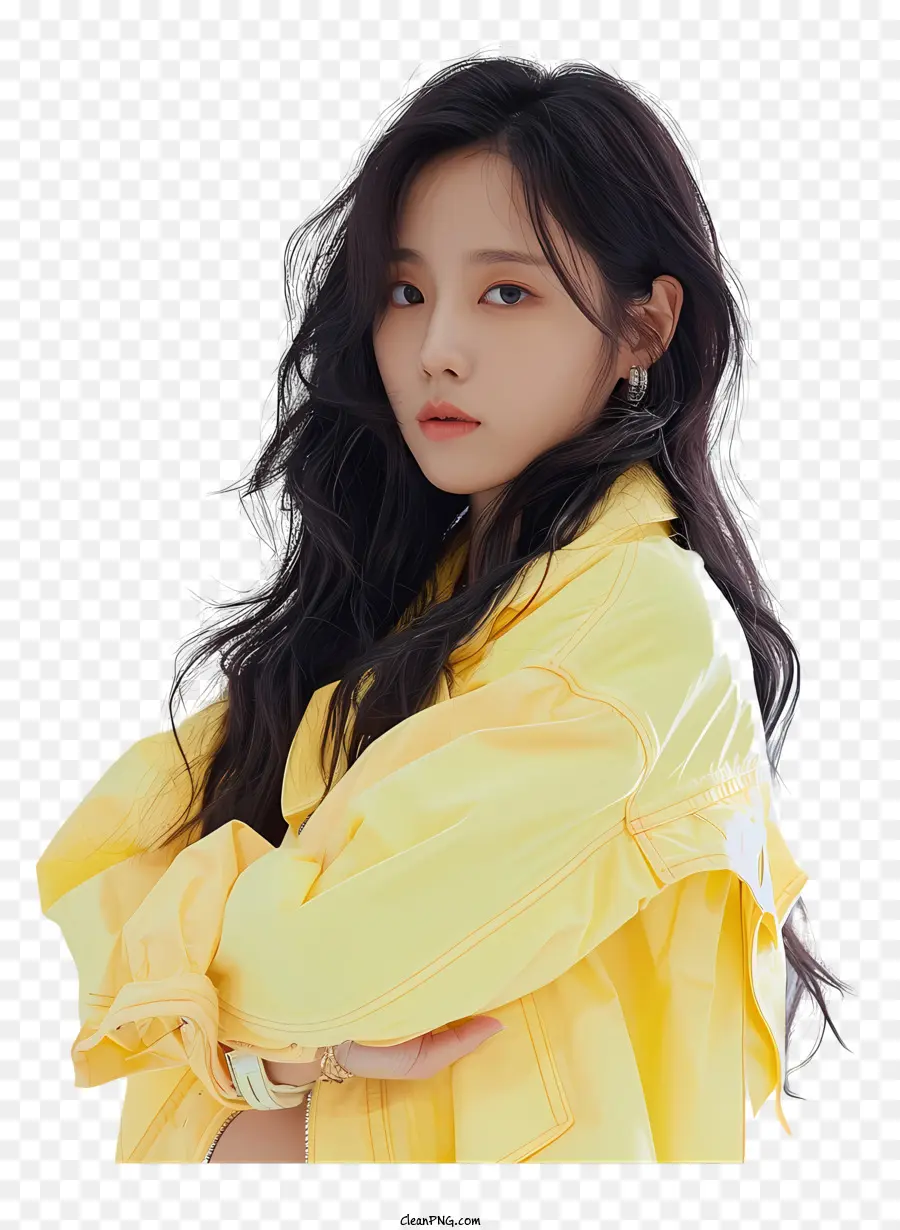 Hyomin Asian Woman gialla gialla pantaloni neri capelli neri lunghi - Giovane donna asiatica sorridente all'aperto in giacca gialla