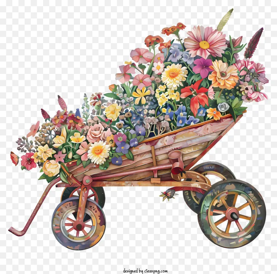 wooden garden wheelbarrow flower wagon brightly colored flowers traditional wooden wagon vibrant blooms