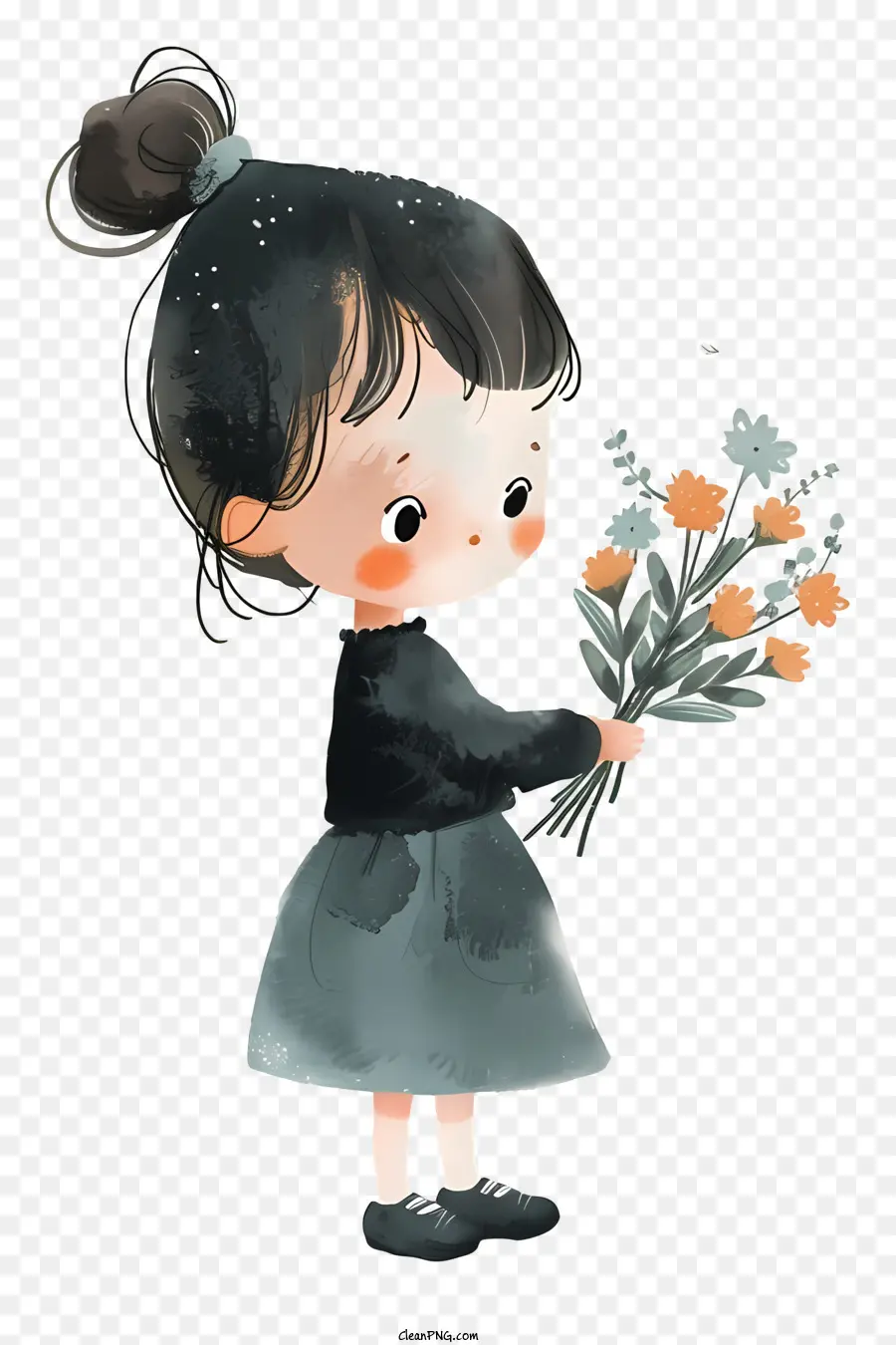 Mädchen hält Blumen süße Mädchen Blumen braune Haare schwarzes Kleid - Süßes Mädchen mit Blumen in skurriler Zeichnung