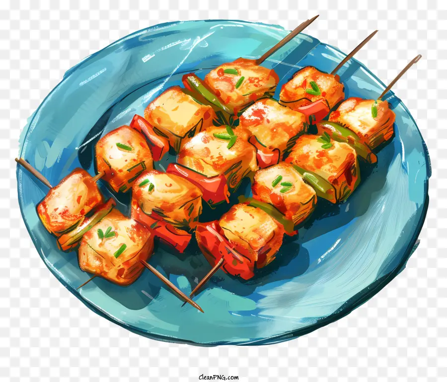Paneer Tikka - Hühnchen- und Gemüse -Kebabs auf blauem Teller