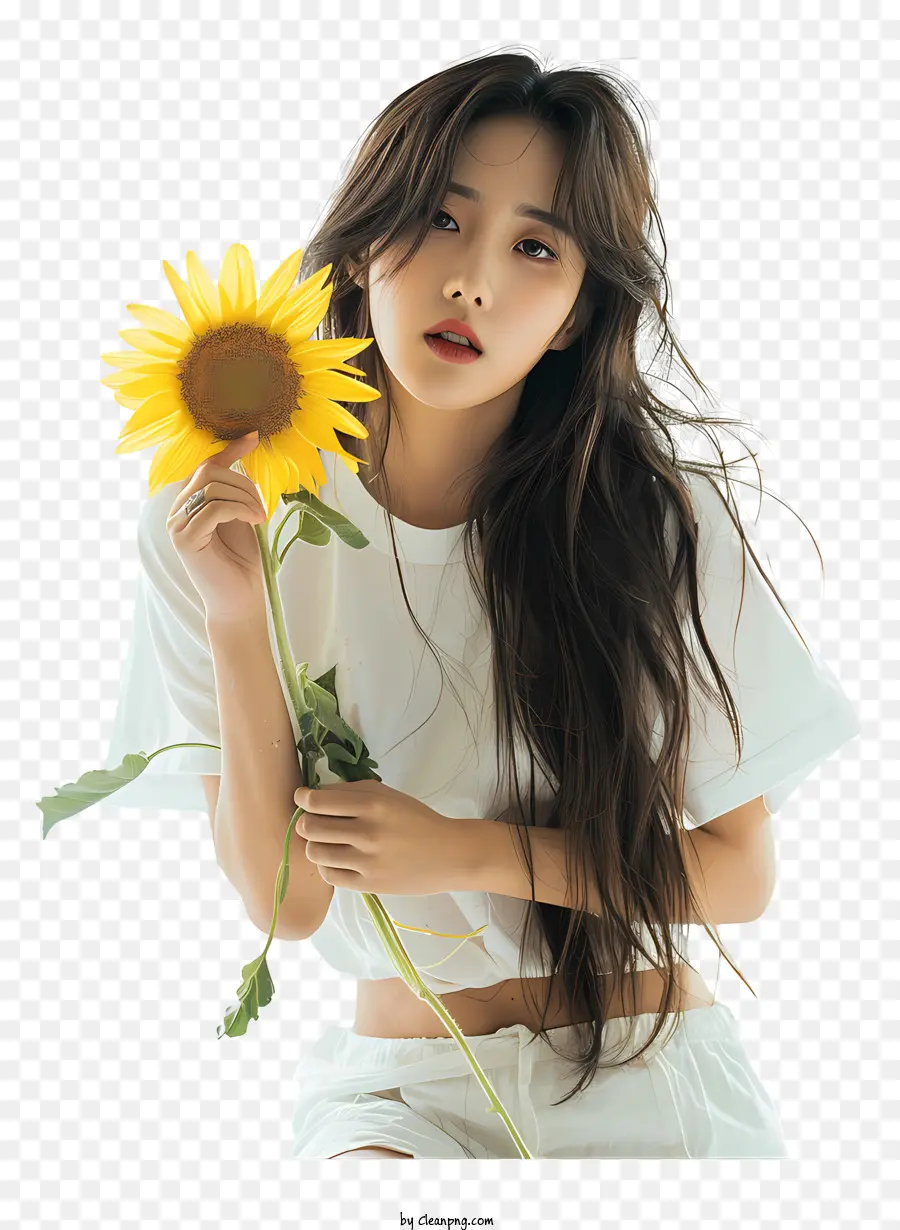 Sonnenblume - Junge Frau lächelte mit Sonnenblumen in der Hand