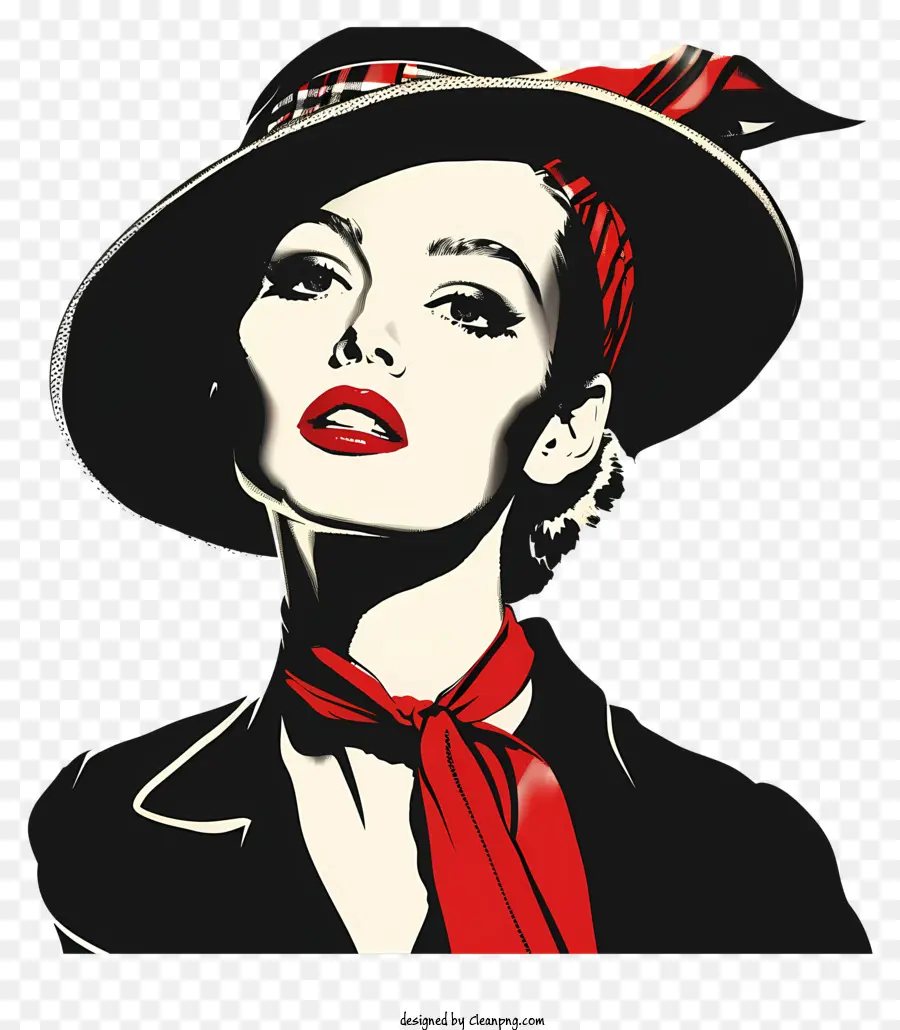 Fashion retro woman rosse rossetto black black hat rossetto - Donna in sciarpa rossa e cappello posa