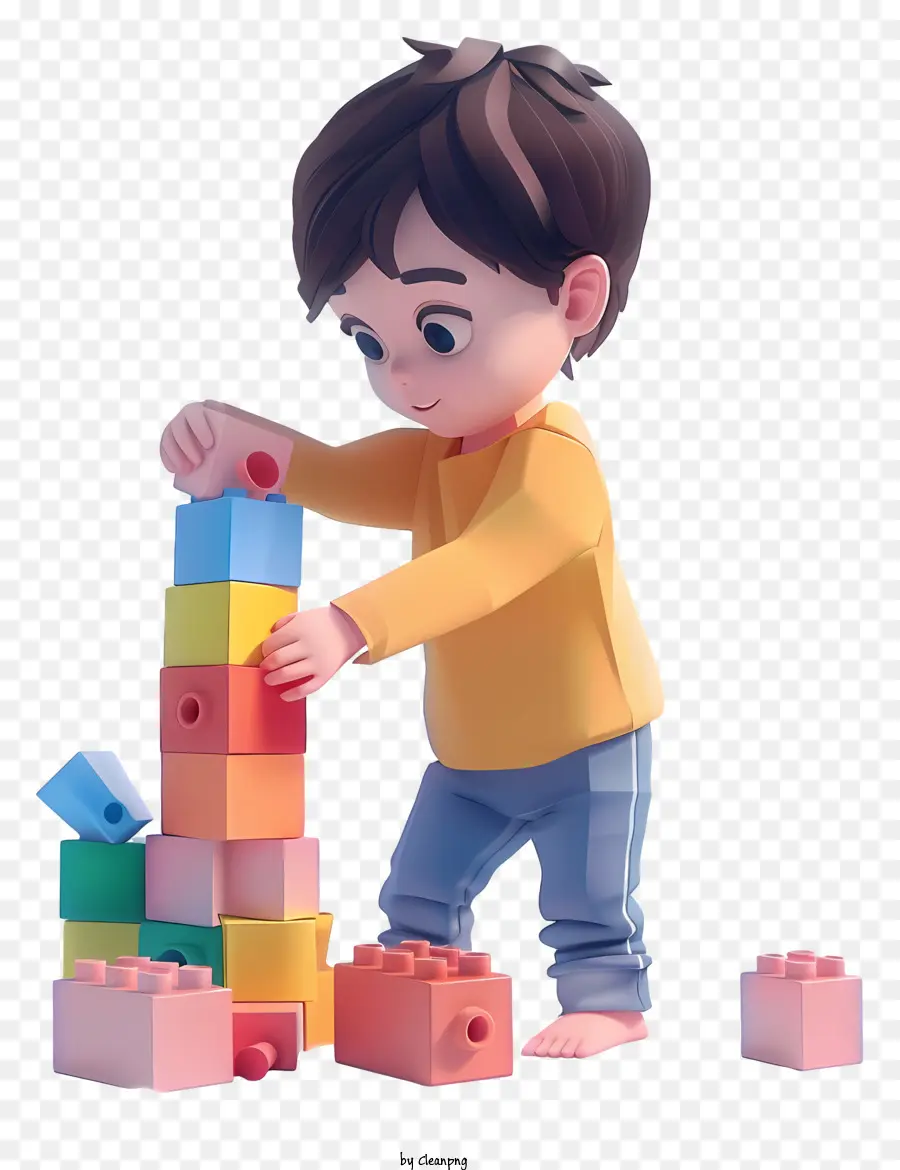 young boy building blocks tower colorful stacking