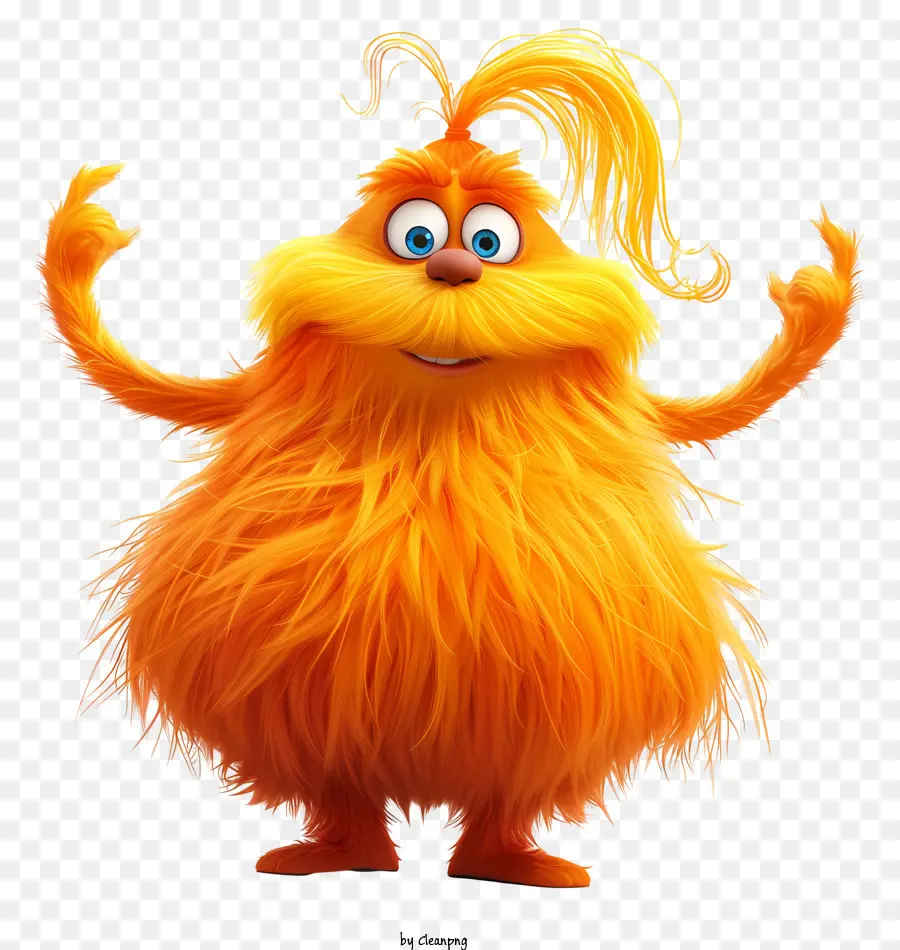 Lorax Cartoon Character Furry Creature Cappello Orange Blue Stripes - Personaggio del cartone animato arancione peloso che fa segno di pace