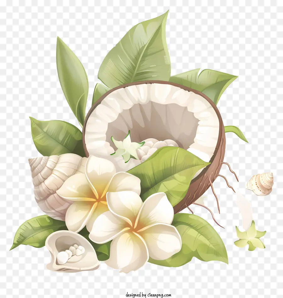 Kokosnuss Beach Kokosnussschalenblumen Blätter grün Blätter - Natürliche, friedliche Kokosnuss mit Blumen und Blättern