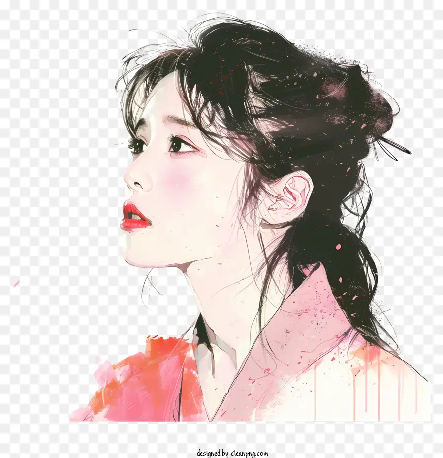 iu woman dark hair red lipstick pink kimono