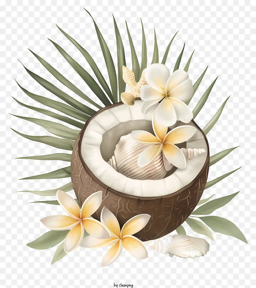 di foglie di palma - Guscio di cocco tropicale con fiori e conchiglie