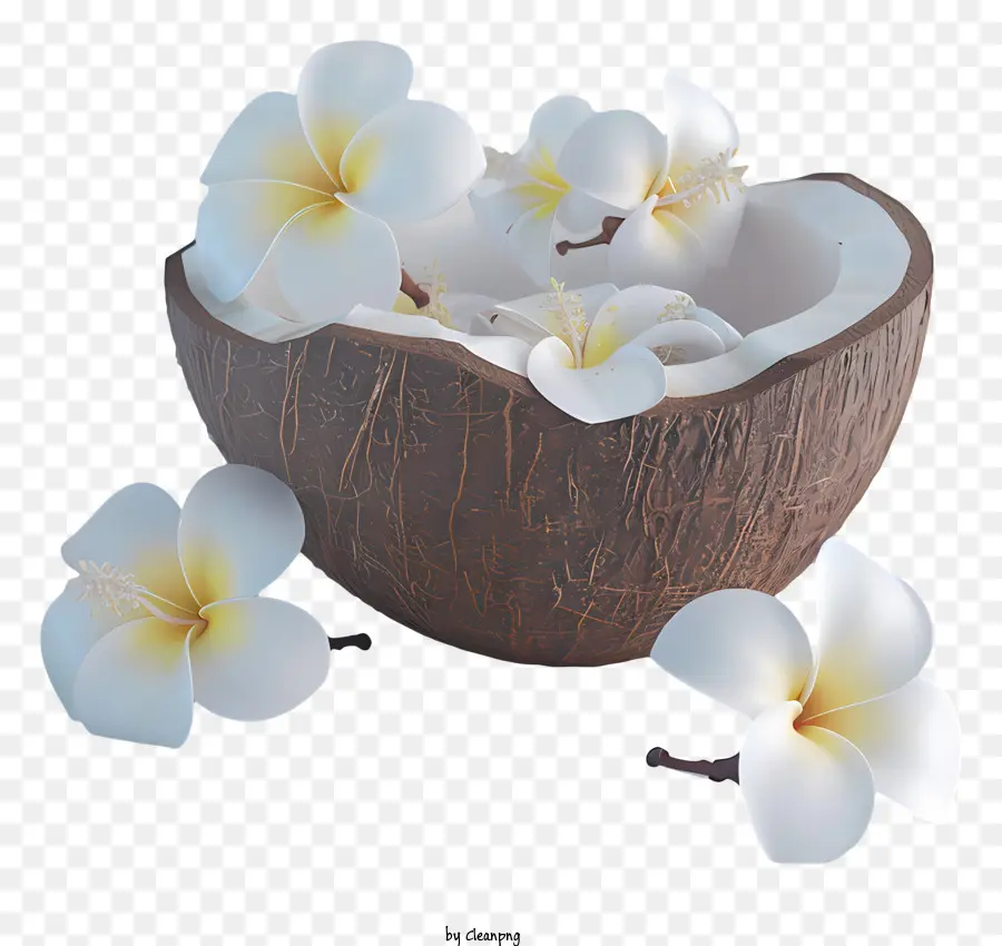 Dừa - Vỏ dừa với hoa trắng, bầu không khí thanh bình