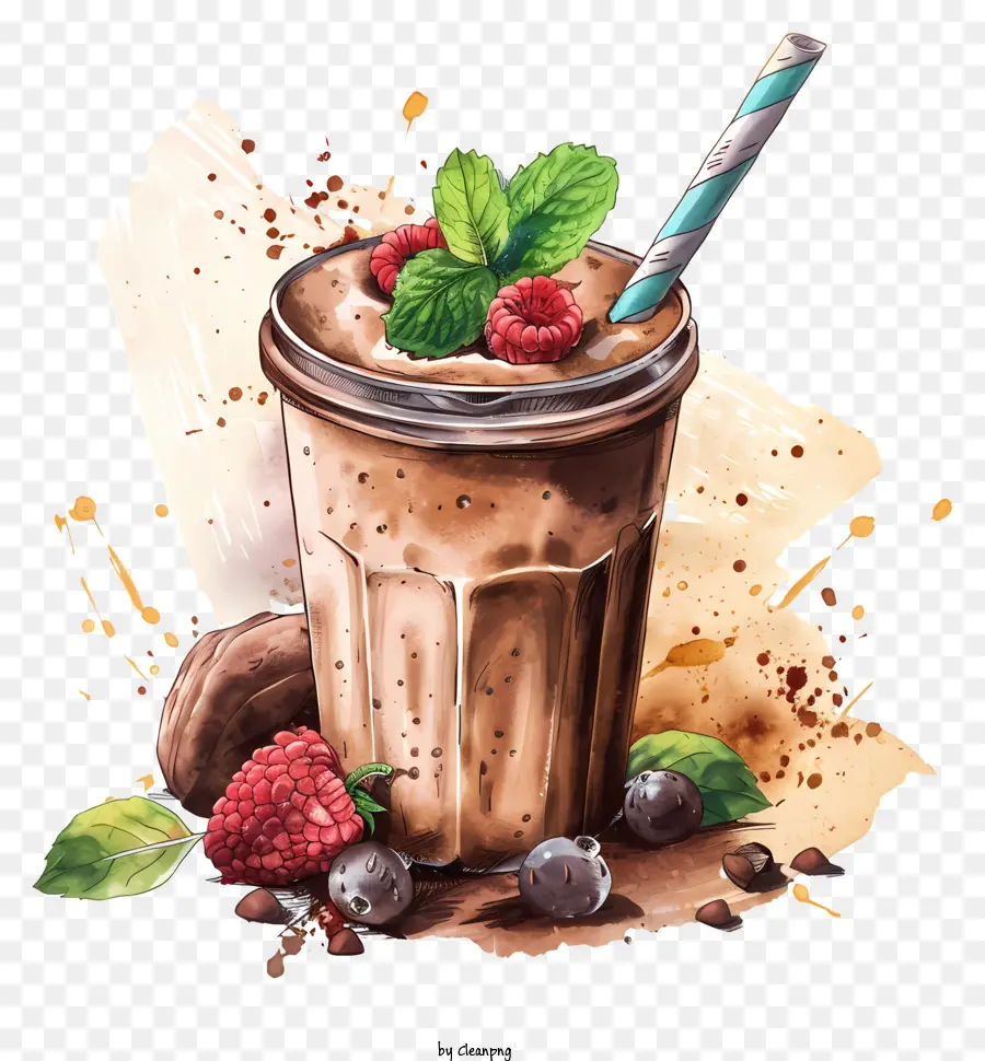 Veganer Protein Shake Schokoladenmilchshake Dessert Schlagsahne Himbeeren - Stilisierter Schokoladenmilchshake mit Toppings für Blog/Werbung