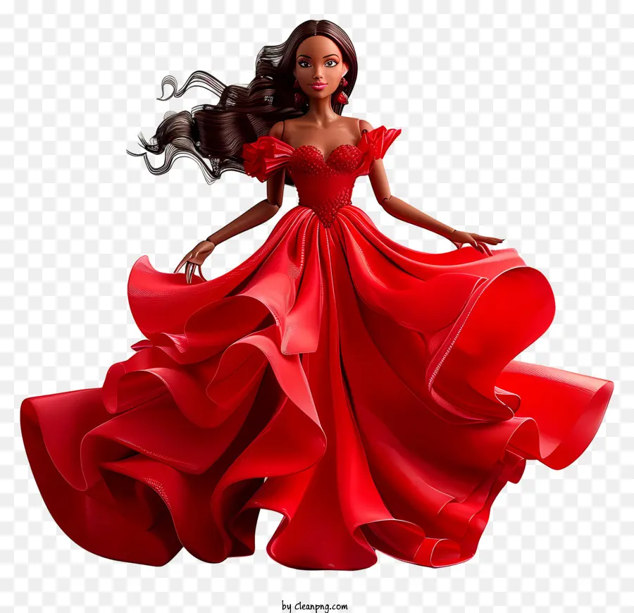Barbie Frau Red Dress Mode Langer Rock - Ernsthafte Frau im roten Kleid auf schwarzem Hintergrund