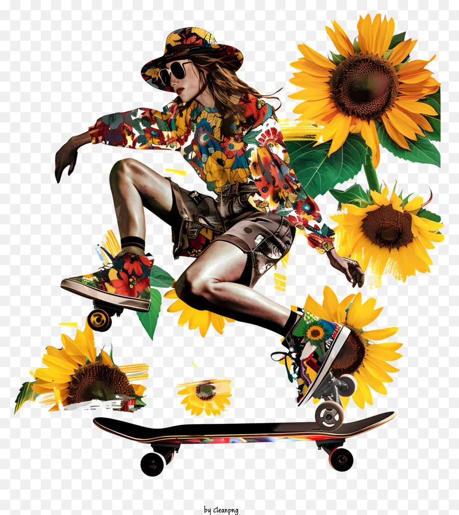 Mode Mädchen Frau Skateboard Sonnenbrille Hut - Frau auf dem Skateboard im Sonnenblumenfeld