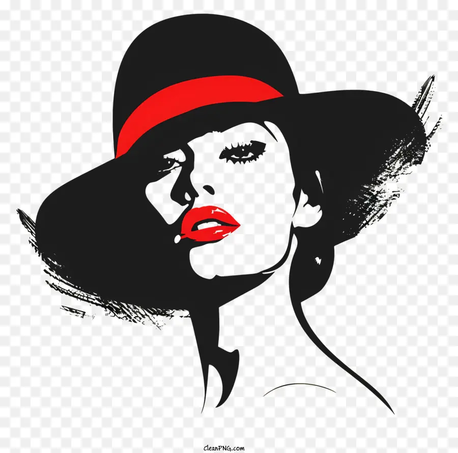 Mode Retro Frau Black Hat Red Lippen Sonnenbrille - Frau in schwarzer und roter Hut mit Sonnenbrille