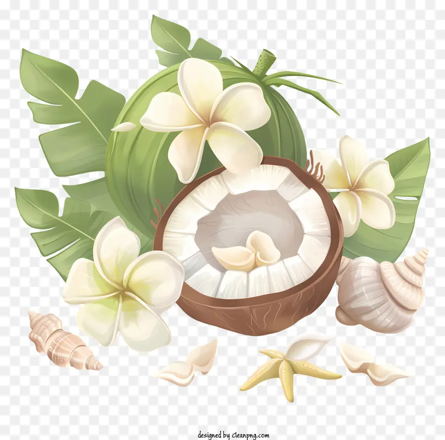 Kokos - Braune Kokosnuss, weiße Blumen, dunkler Hintergrund