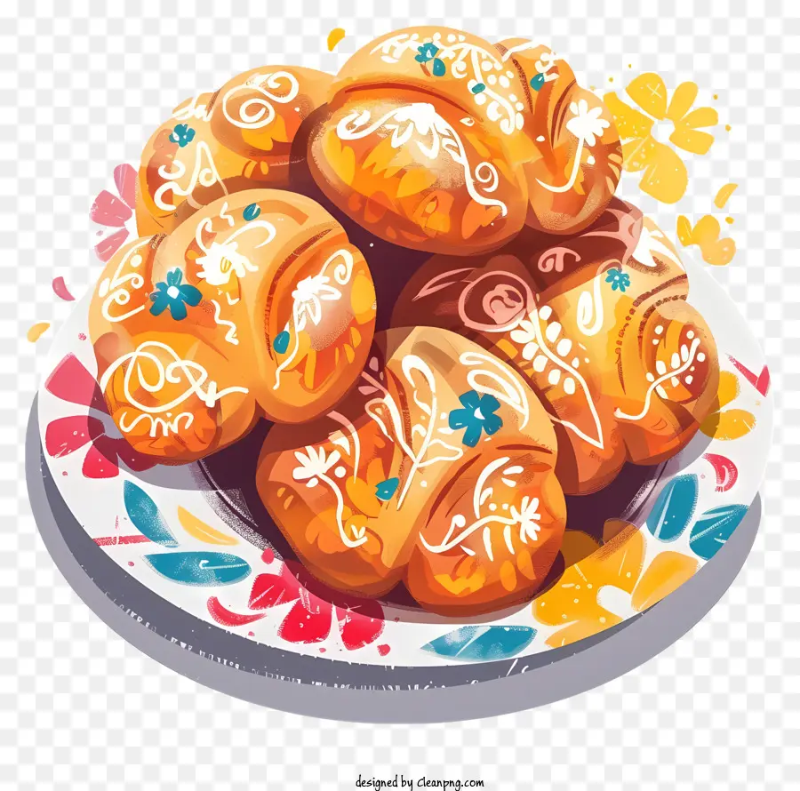 Pan de Muerto Pastries Baked Mlal Sắp xếp xoắn ốc đóng băng - Tấm bánh ngọt trang trí trên khăn trải bàn được bao quanh bởi hoa