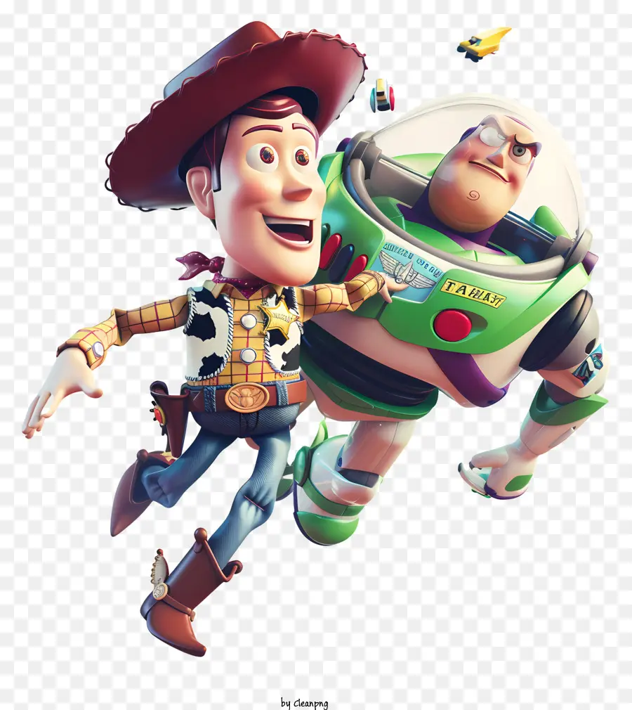 Spielzeug Geschichte - Woody und Buzz fliegen am hellen Himmel