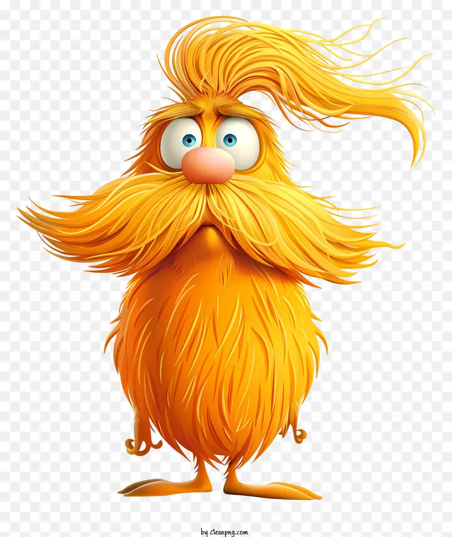 Lorax Character Design Orange Perücke Langer Bart Ermitteltes Aussehen - Charakter mit Orangenperücke und bestimmter Ausdruck
