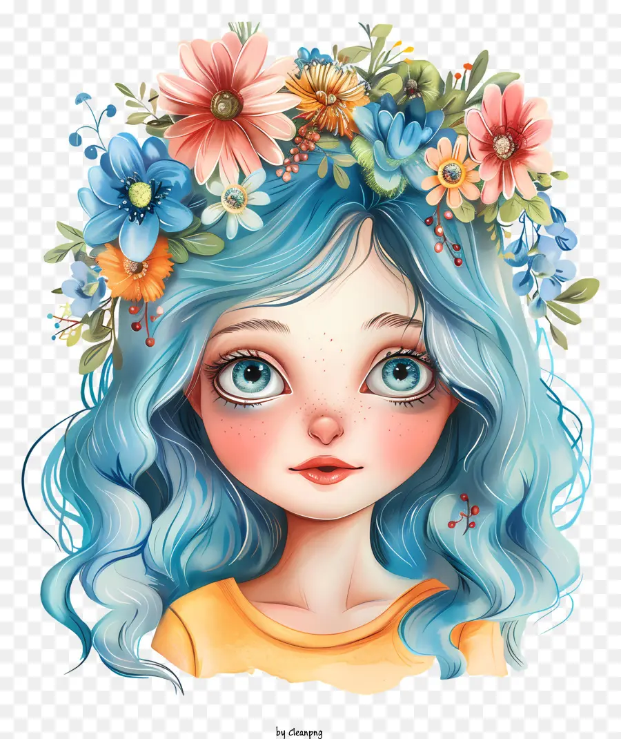 hoa vương miện - Cô gái trẻ với mái tóc xanh và vương miện hoa