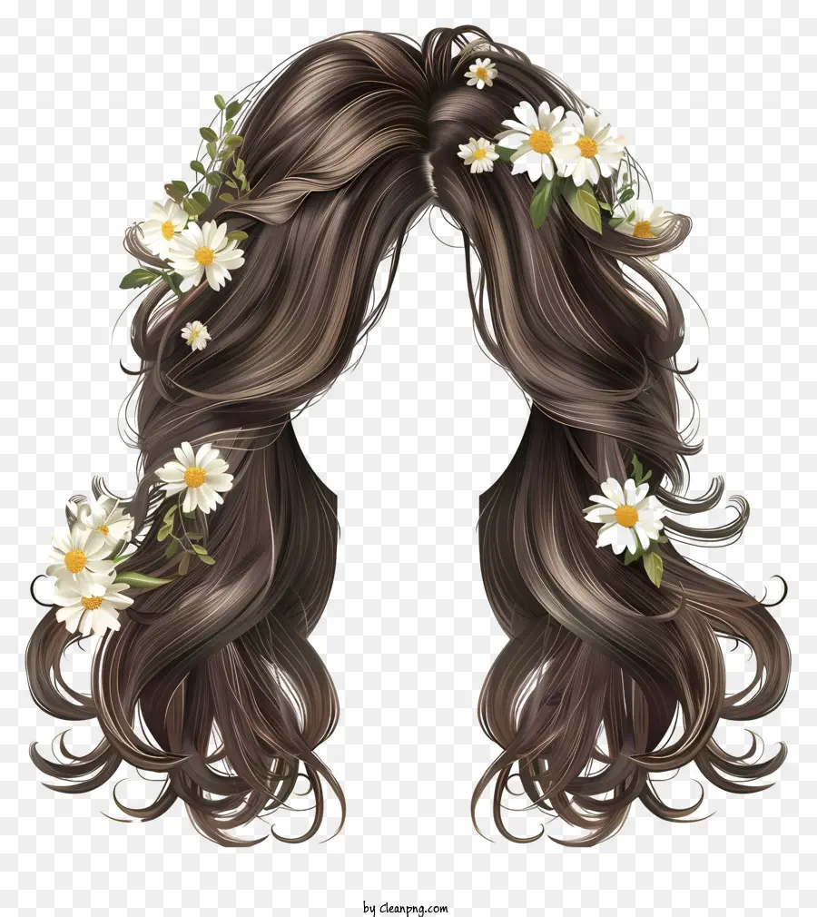 Frühlingsfrisur Frisur Frisur Illustration Langes, welliges Haar Gänseblümchen Blumen - Elegantes Mädchen mit welligen Haaren und Blumen