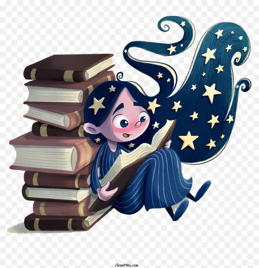 Clipart Cartoon Girl Girl Girl che legge libri - Ragazza che legge il libro sui libri, sfondo stellato