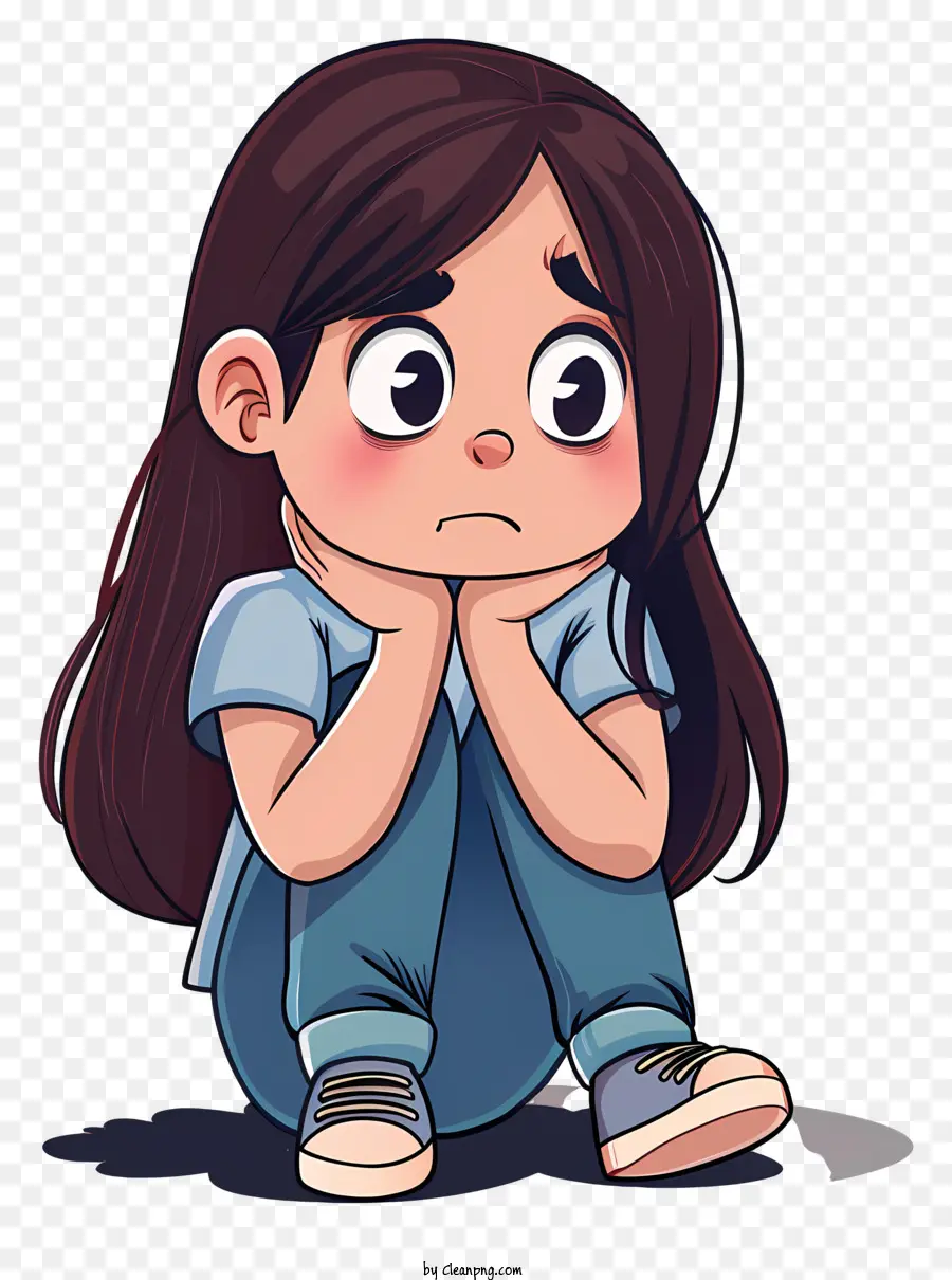 Sentirsi tristi tristi ragazze in stile cartone animato lacrime emozioni - Ragazza triste in abbigliamento blu seduto