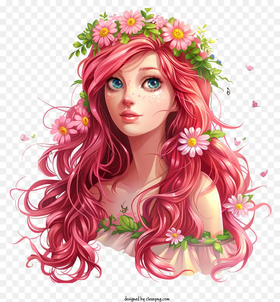 sfondo verde - Donna dai capelli rosa con la corona di Daisy sognante ad occhi aperti delicatamente