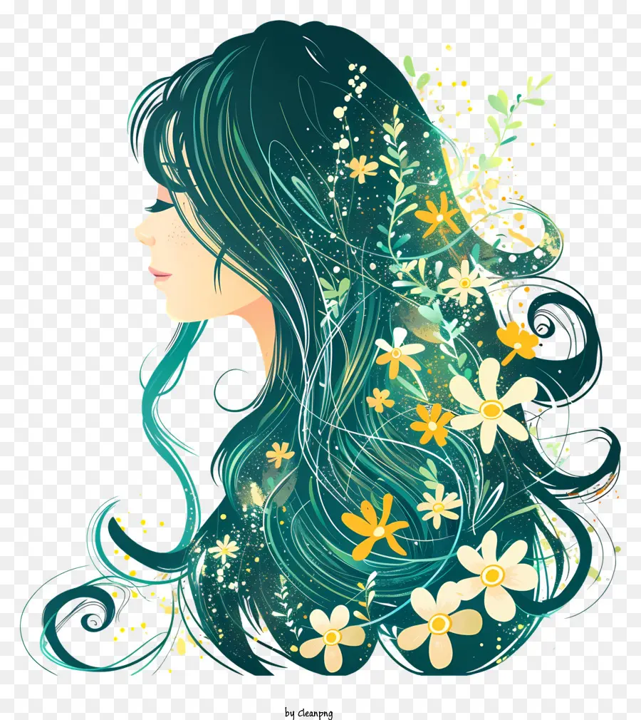 Kranzmädchen digitales Gemälde langes Haar welliges Haar grünes Haar - Frau mit grünem Haar und Blumen. 
Buntes digitales Gemälde