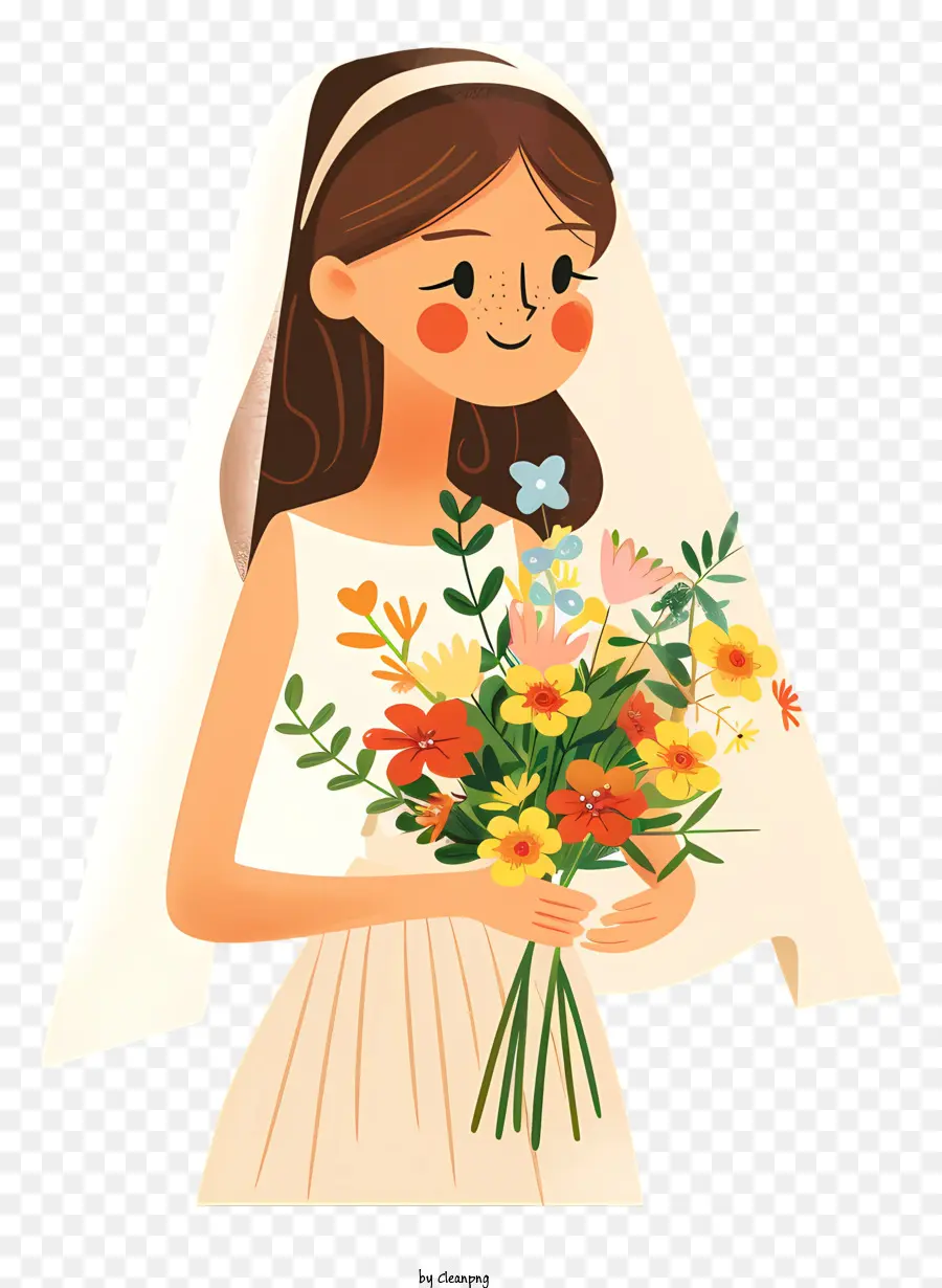 Braut mit Schleier Braut Hochzeitsstrauß Cartoon - Cartoonbraut mit Blumenstrauß im weißen Kleid