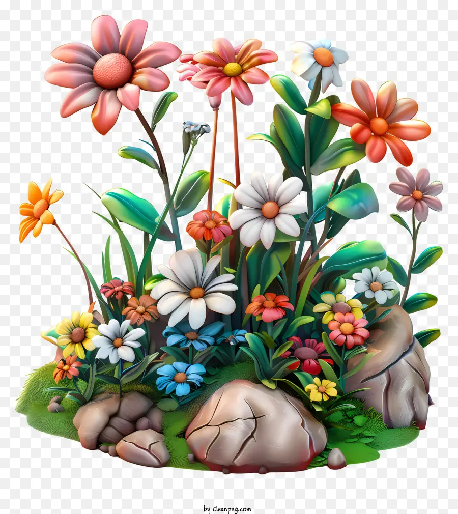 La primavera inizia i fiori selvatici colorati rocce di diversità - Vibranti fiori selvatici su tumulo roccioso in campo