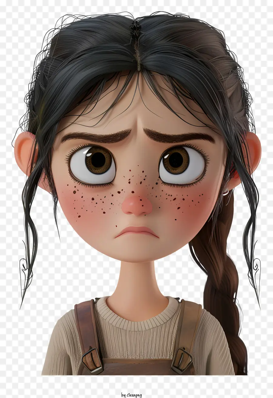Trauriges Mädchen, das kurze Haare dunkle Haare zeichnet - Junges Mädchen in braunen Overalls, ernsthafter Ausdruck