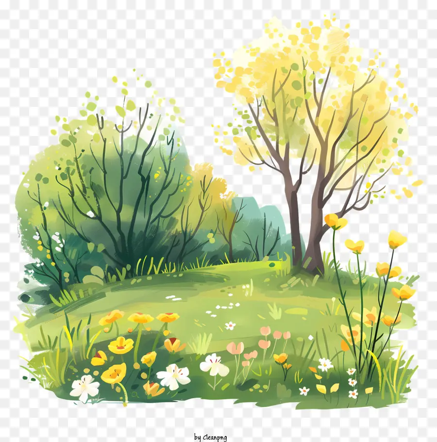 spring begins meadow wildflowers greenery trees