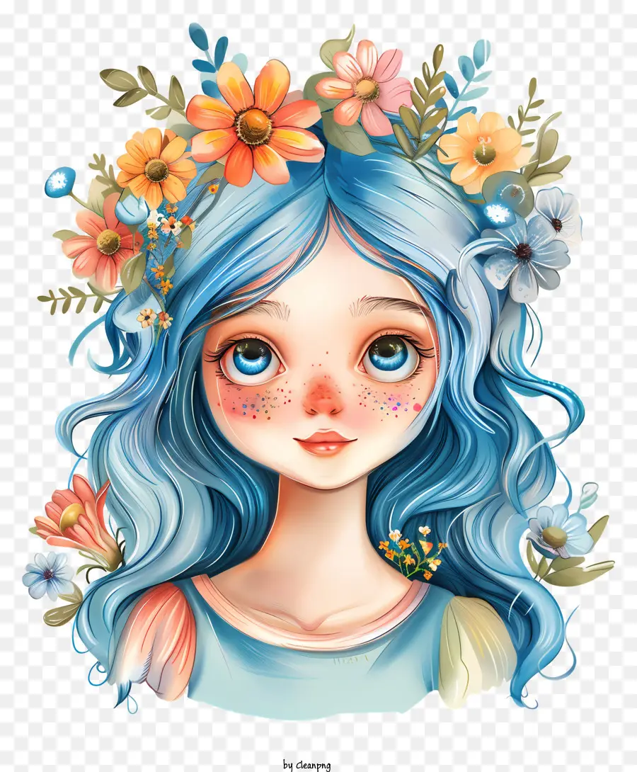 Blumenstrauß - Junges Mädchen mit blauem Haar und Blumen