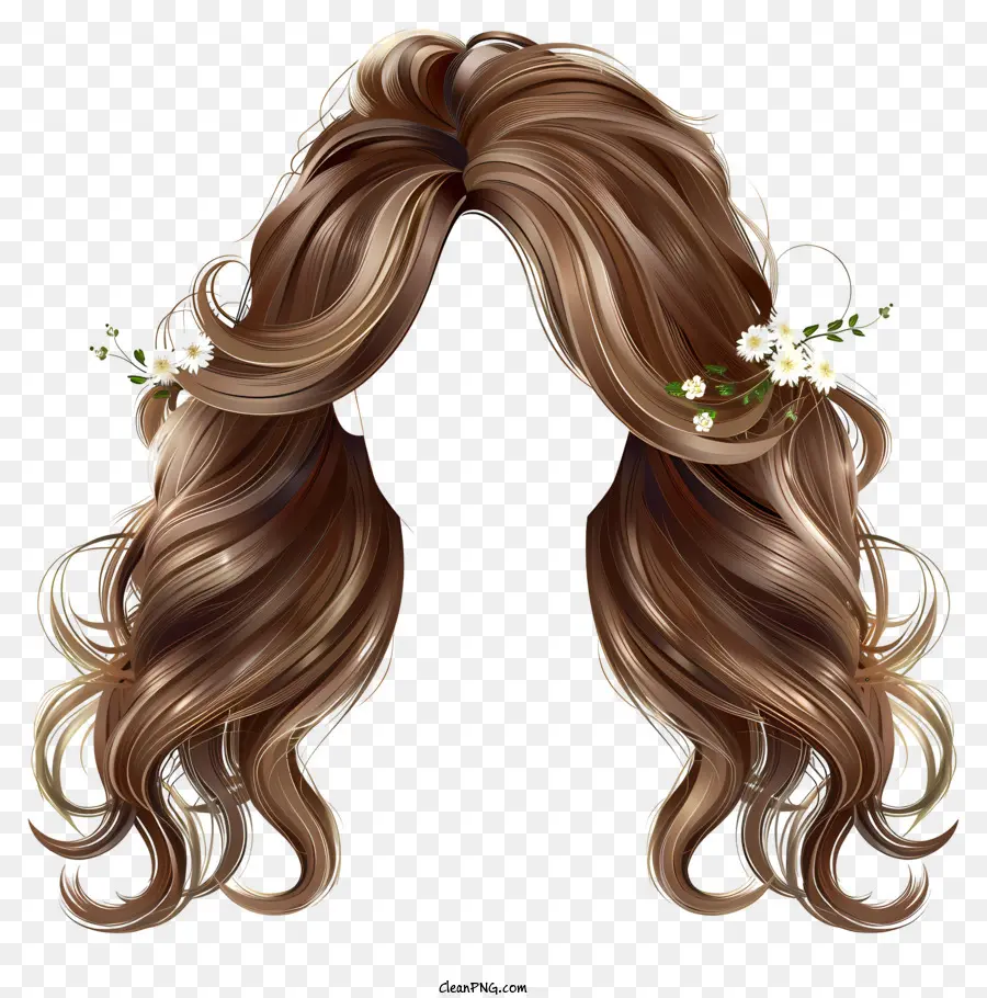 Acconciatura primaverile parrucca primaverile Illustrazione per capelli lunghi capelli marroni - Capelli castani lunghi e ricci con fiori