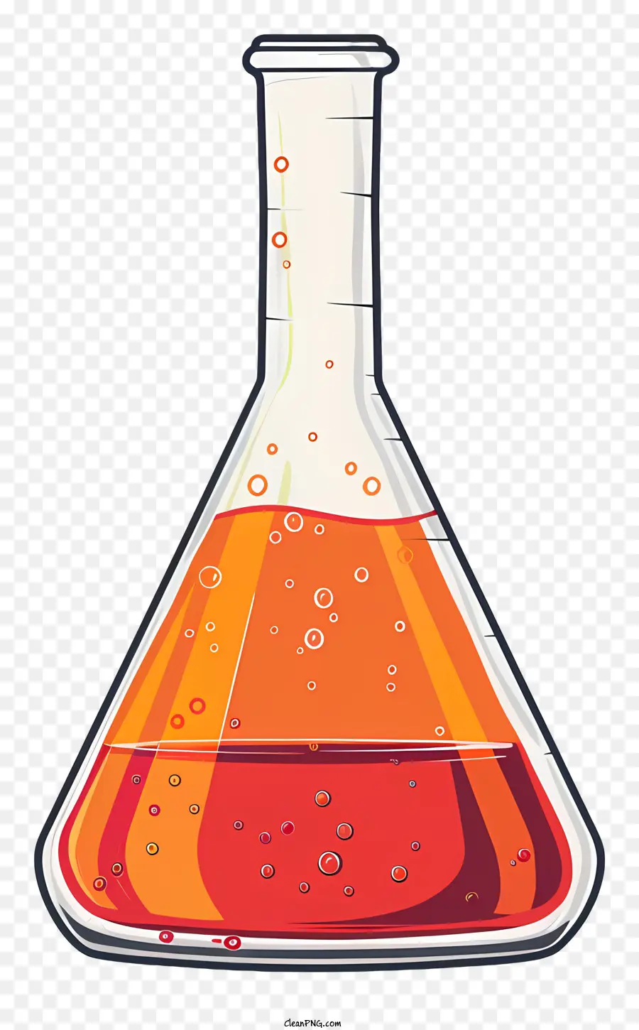 Laborflächenglas Becher Orange Flüssigkeit Blase schmaler Hals - Transparentes Glasschnabel mit orange Flüssigkeit Blase