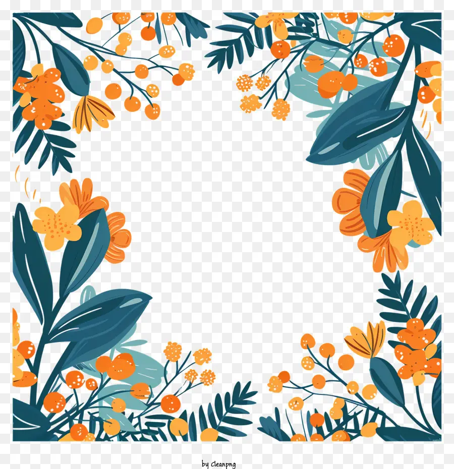floralen Rahmen - Blumenrahmen mit orange und blauen Blüten