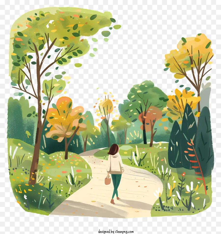 Fai una passeggiata nel parco cartoon woman foresta autunnale - Donna che cammina nella colorata foresta autunnale