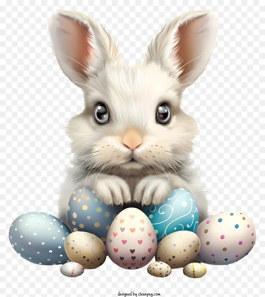 coniglietto di pasqua - Bunny soffice con uova dipinte, sfondo calmo