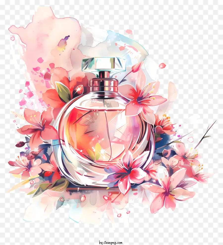 hoa thiết kế - Bức tranh màu nước của chai nước hoa với hoa